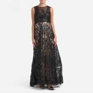 Avantlook Mesh Sequin Floral Overlay Placement Gown